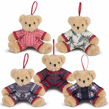 4" Christmas PJ Ornaments - Set of 5 - plush teddy bear christmas ornaments dressed in traditional plaid and fleece pajama onesies