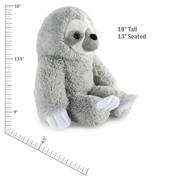 18" Oh So Soft Sloth - Side view of seated gray 18" Sloth with white claws and face with measurement of 18" tall or 13" seated