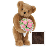15" Pink Rose Bouquet Teddy Bear - Front view of standing jointed bear holding a large pink bouquet wrapped in white satin and lace - Espresso image number 8