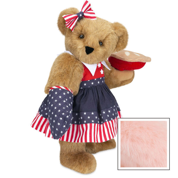 15" All American Mom Bear - Standing jointed bear in a red, white and blue stars and stripes dress with matching head bow and oven mitt holding an apple pie - Pink image number 5