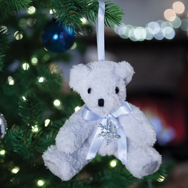 4" Silver Snowflake Bear Christmas Ornament - Seated silver plush ornament with snowflake and bow image number 1