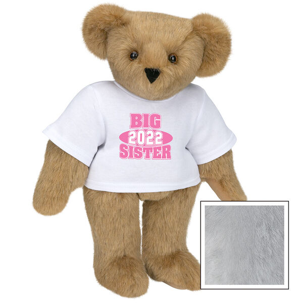 15" 2022 Big Sister T-Shirt Bear - Standing jointed bear dressed in a white t-shirt with bright pink and white artwork that says, "Big Sister 2022" on the front of the shirt - Gray image number 4