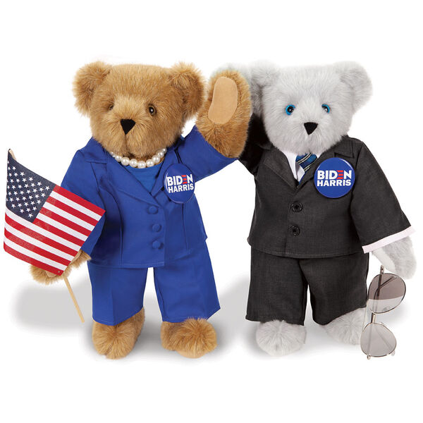 15" Joe Biden and Kamala Harris Bears - Standing Gray and Honey Brown Bears in business suits with campaign pins that say 'Biden / Harris' and holding aviator glasses and a flag image number 0