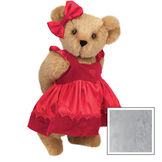 15" Sweetheart Teddy Bear - Three quarter view of standing jointed bear dressed in red velvet and satin dress and hair bow with heart lace trim and heart applique on front of dress - Gray image number 4