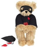 15" Love Bandit Bear - Front view of standing jointed bear dressed in black turtleneck with red heart on left chest, black mask and holding a black bag with 2 chocolates - Maple brown fur image number 6