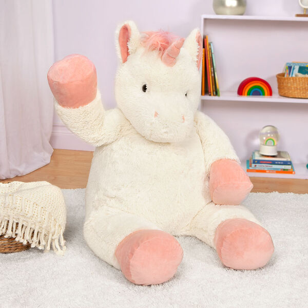 4' Unicorn - Three quarter view of ivory 48" unicorn with pink hooves, main, horn and tail