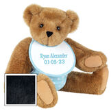 15" Baby Boy Bear - Seated jointed bear dressed in light blue with white dots fabric diaper and bib. Bib with is personalized in light blue lettering - Black image number 4