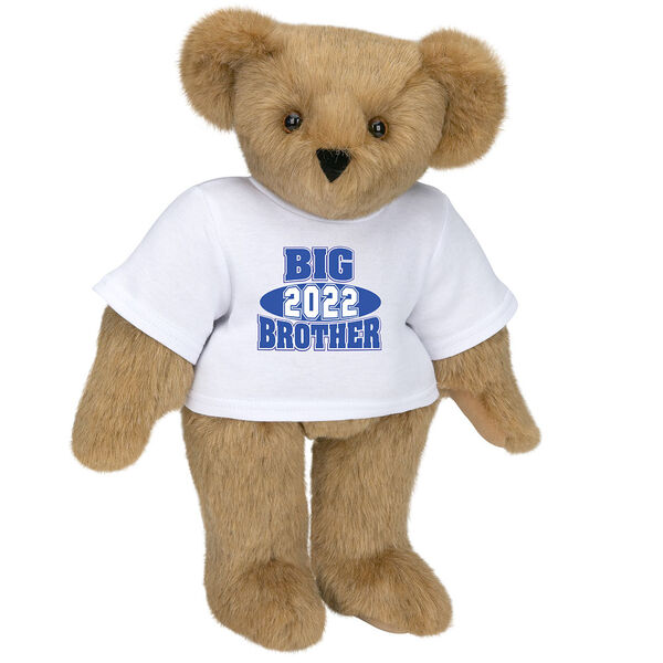 15" 2022 Big Brother T-Shirt Bear - Standing jointed bear dressed in a white t-shirt with royal blue and white artwork that says, "Big Brother 2022" on the front image number 0