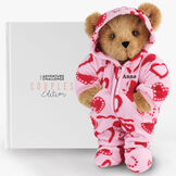 15" Hoodie Footie Sweetheart Bear & The Adventure Challenge Couples Edition Book Bundle - Standing jointed honey teddy bear in pink heart fleece onesie is paired with a activity book that is a great Valentine's Day Gift image number 0