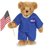 15" Kamala Harris Bear - Standing Honey Bear with brown eyes, blue suit, faux pearl necklace, campaign pin holding an American flag. image number 0