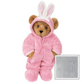 15" Hoodie-Footie Bunny Bear - Front view of standing jointed bear dressed in pink hoodie footie and bunny ears personalized with "Emily" in white on left chest - Gray image number 5