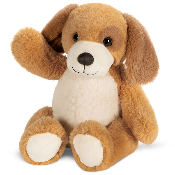 15" Cuddle Chunk Puppy - Seated waving soft floppy brown dog with tan belly and muzzle