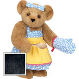 15" Cooking Bear - Three quarter view of standing jointed bear dressed in a blue floral sundress and oven mitt, yellow apron with pink trim and holding a wooden spoon. Apron is personalized with "Julietta" in hot pink - Black fur image number 3