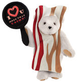 15" I Love You More than Bacon - Front view of standing jointed bear dressed in tan bacon costume holding a pan that says"I "heart" U more than bacon!" - Vanilla white fur image number 2