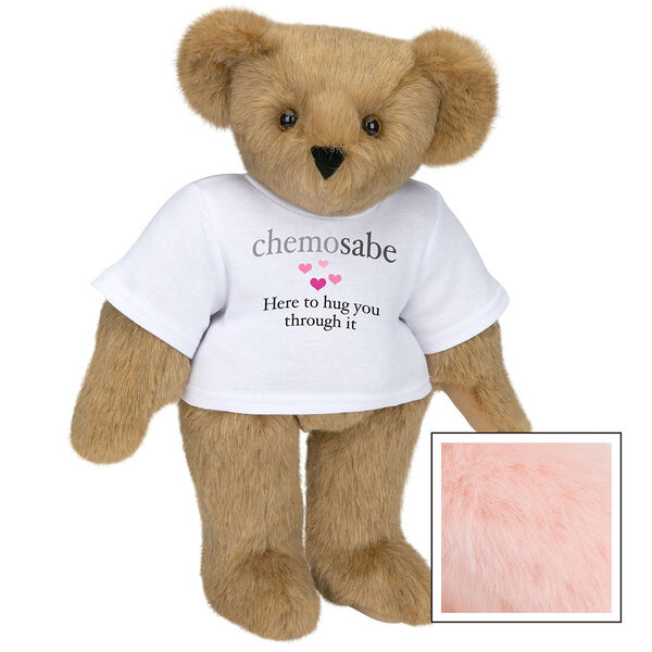 15" Chemosabe T-Shirt Bear - Standing jointed bear dressed in white t-shirt with gray and pink graphic with hearts that says, "chemosabe, Here to hug you through it" - Pink