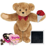 15" "I Love You" Bow Tie Bear with Red Roses and Chocolates - Standing jointed bear dressed in red satin bow tie; "I Love You"  is embroidered on red satin heart center - Black image number 3