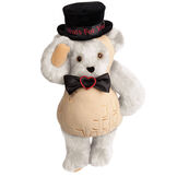 15" Nuts for You - Front view of standing jointed bear dressed in a tan peanut costume with black bow with black top hat that says "Nuts for You" in red on black satin band - Vanilla white fur image number 2
