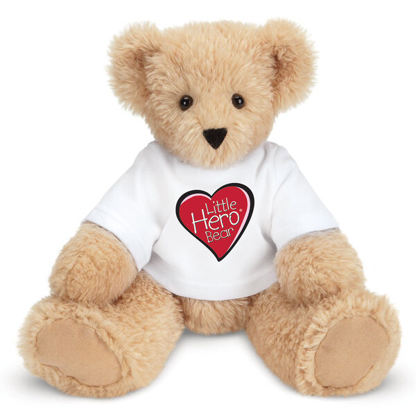 13" Little Hero Bear - Buy 1, Give 1 - Front view of butterscotch light brown bear in white t-shirt with Little Hero Friend for Life Logo image number 0