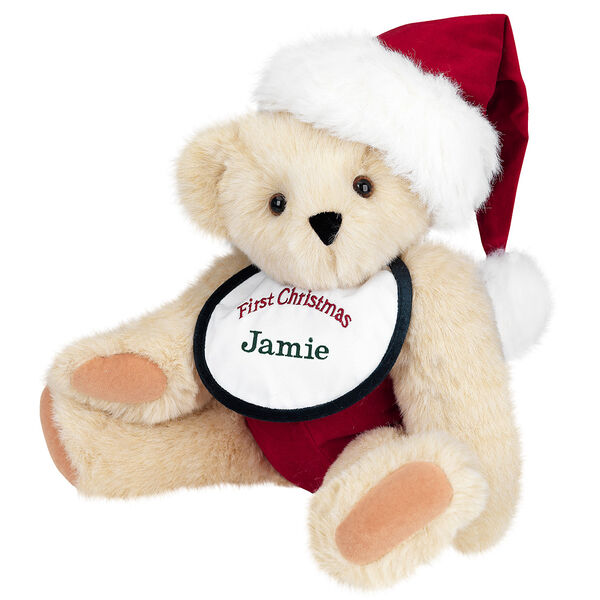 15" Baby's First Christmas Bear - Seated jointed bear dressed in red velvet diaper with santa hat and white and green bib that says ' First Christmas' in red lettering. Bib is personalized with "Jamie" in dark green lettering - Buttercream brown fur image number 1