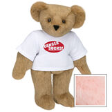 15" Cancer Sucks T-Shirt Bear - Standing jointed bear dressed in white t-shirt with red graphic that says, "Cancer Sucks!" - Pink image number 5