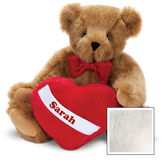 15" Romantic at Heart Bear - Seated jointed bear with red bowtie and plush heart pillow, can be personalized with "Sarah" - Vanilla image number 4